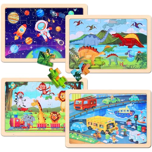 Wooden Educational Jigsaw Puzzles for Preschool Kids Ages 3-5, 4-Pack with 20 Pieces Dinosaur, Space, Transportation Wood Puzzles Set, Kids Brain Teaser Toys, Gifts for Boys Girls Ages 3 4 5 6 - color: Mixed Styles B