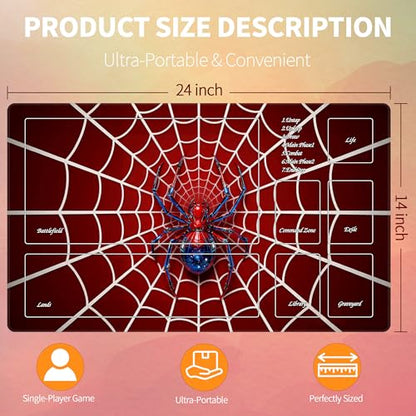 MTG Playmat with Storage Tube & 7-Dice Set - Waterproof TCG Playmat with Stitched Edges, Non-Slip Rubber Card Game Mat (24"x14") (playmat with Zones, Spider) - color: Spider, style: playmat with zones