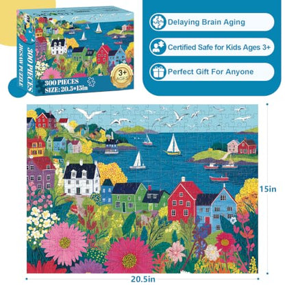 300 Piece Puzzles for Adults Kid,Large Piece Seaside Harbor Sailboat Puzzle