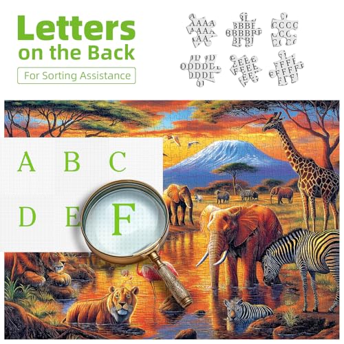 MINIWAN 1000 Piece Jigsaw Puzzles for Adults & Seniors - African Safari Animals Kilimanjaro Sunset Puzzle, 27.5"x19.7" Adult Puzzle with Letters on Back & Reference Poster - color: African Safari Animals