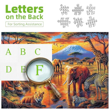 MINIWAN 1000 Piece Jigsaw Puzzles for Adults & Seniors - African Safari Animals Kilimanjaro Sunset Puzzle, 27.5"x19.7" Adult Puzzle with Letters on Back & Reference Poster - color: African Safari Animals