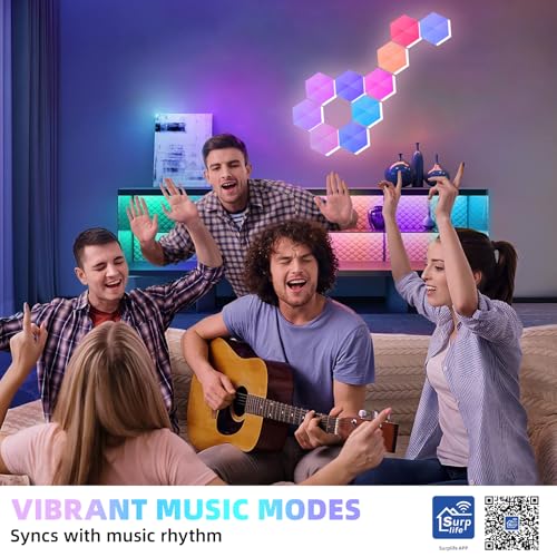 Hexagon LED Lights, 8 Pack with App and Remote Control | Frosted 3D plastic panels for gamers and streamers; made for gaming rooms, esports setups and movie rooms with music sync - size: 8pack