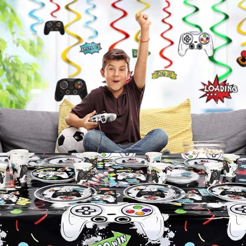 WERNNSAI Video Game Tablecloth - 1 Pack 108"x54" Gamer Table Cover | Black Gaming Night Party Favors, Gamer Birthday Theme Plastic Table Cloths for Boys Kids Player Geek - color: Video Game B