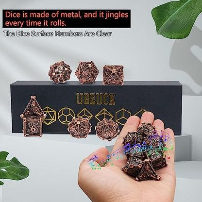 DND Metal Dice Set, UBEUCK 7PCS Gear Metal DND Dice Set for Dungeons & Dragons Board Games Boxes(Gear red Copper) - color: Gear Red Copper