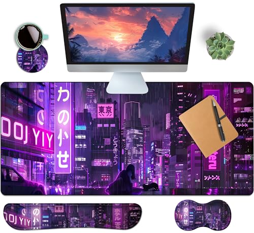 4-Piece Extended Large Mouse Pad Set for Women Men with Purple Anime Design Includes 35.4 x 15.7 XXL Large Mouse Pad Keyboard Wrist Rest Mouse Wrist Support and Coaster for Office Home - color: Purple Anime, size: Extra XXL -35.4"X15.7"