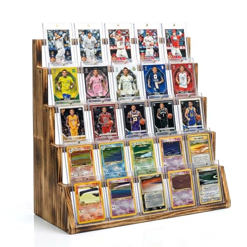 5 Tier Wooden Card Display Stand Holds 20-25 PSA BGS SGC Graded Sports Card | Easy Assembly，Baseball Cards, Basketball Cards，Football Cards，Trading Cards，Graded Card Display Stand，Card Stands For Display - color: Charred Wood, size: 1 Pack