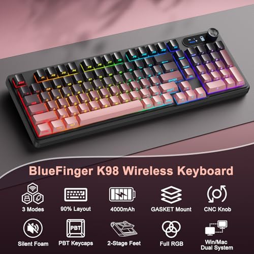 BlueFinger Wireless Gaming Keyboard, RGB Backlit, Tri-Mode Bluetooth/2.4G/USB-C, 98 Keys Quiet Keyboard with Number Pad, Volume Knob & Screen, Side Printed PBT Keycaps for PC/Mac/Laptop - style: Wireless Keyboard