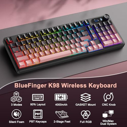 BlueFinger Wireless Gaming Keyboard, RGB Backlit, Tri-Mode Bluetooth/2.4G/USB-C, 98 Keys Quiet Keyboard with Number Pad, Volume Knob & Screen, Side Printed PBT Keycaps for PC/Mac/Laptop - style: Wireless Keyboard