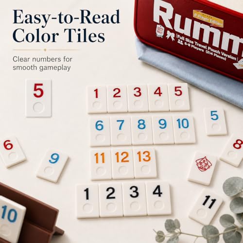 Smilejoy Rummy Cube 8 Player Edition, 214 Tiles in Travel Canvas Bag | Large numbered melmine tiles, 8 playing racks, 6 joker, timer, Travel carry bag, Tile travel game for Festival Gift choice - size: Large (6-8 player)