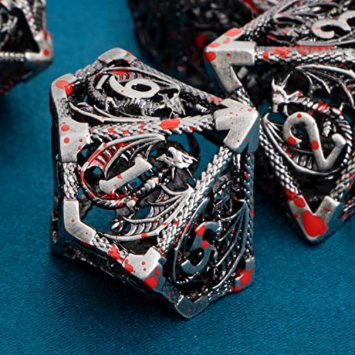ARUOHHA Hollow DND Metal Dice Set Blood Dragons D and D Dice, RPG Role Playing Games Dungeons Polyhedral Dice with Gift Box D20 D12 D10 D8 D6 D4 - color: Blood Splash