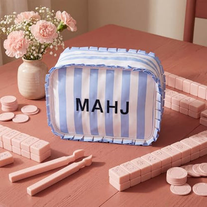 Sanwuta 1 Pcs Mahjong Tile Bag with Zipper,Blue,Ruffles | Embroidered Mahjong Case for 166 American Mahjong Tiles (1.2") Portable Bags for Board Game Party Gathering Travel - color: Blue, style: Ruffles