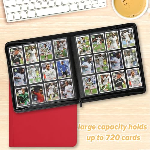 12 Pocket Ringless Side Loading Trading Card Binder, 720 Cards PU Fixed Page Zipper Card Album for TCG Sports Game Cards, Not Fit Top Loaders (Red) - color: 12 Pocket 720 Diamond Red