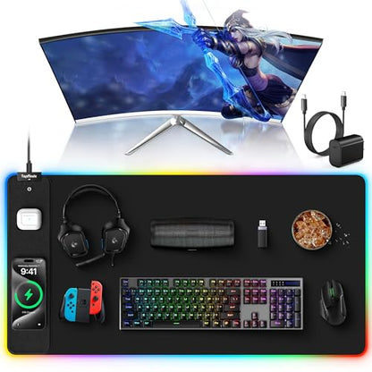 TopMade Wireless Charging RGB Mouse Pad, Waterproof Gaming Desk Mat with 4 Light Modes & 11 RGB Colors, 31.5"x15.75" XXL Large Desk Pad(Includes 20W PD Power Adapter & 6.56ft Woven Cable) - color: Rgb - Black With Adapter