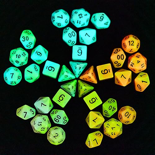 5 Sets Glow in The Dark DND Dice, 35Pcs Luminous Polyhedral Dice Set with 1 Leather Dice Bag, Glowing D&D Dice for RPG Table Games(5Sets/35Pcs Glowing Dice) - color: 5sets/35pcs Glowing Dice