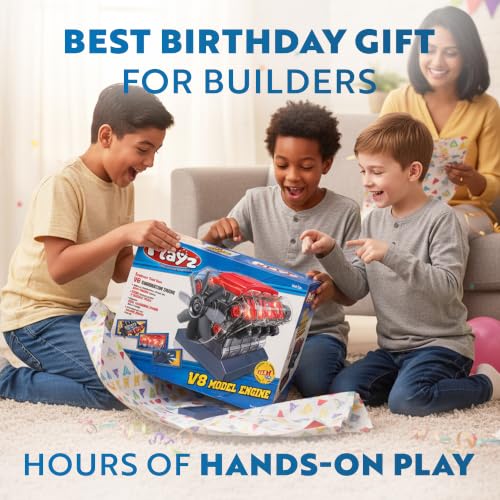 Playz Large V8 Engine Model Kit Build Your Own Mini V8 Engine kit that Runs | for Adults and Kids 8+,Working V8 Engine Building Blocks set DIY STEM kit, Visbile Real Mini Engine Build Kit that Works - style: V8 Engine