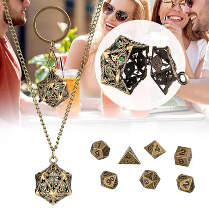 Mini DND Dice Set with Hollow D20 Metal Case Portable Keychain Necklace, Tiny 7pcs Polyhedral D&D Dice Set, DND Gifts with Gift Box, D&D Accessories for RPG（Green Diamond, Bronze） - color: Bronze
