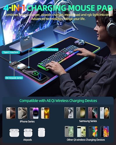 Wireless Charging Mouse Pad, RGB Gaming Mousepad, 31.5"x11.8" | Extra Large LED Desk Mat, 13 Lighting Modes, Ultra-Smooth Surface, Non-Slip Base, Waterproof Computer Keyboard Pad, Black - color: Black-31.5"x11.8"