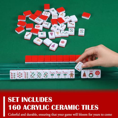 160 Pcs Christmas American Mahjong Set Only, 1.2 x 0.87 Inches Red Back Melamine Mahjong Tiles, Hand Carved Pattern for Adult Mah Jong Social Games, Mah Jong Lovers - style: Stylish