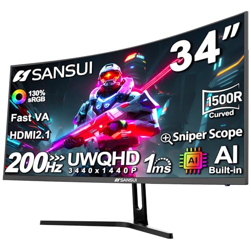 SANSUI 34-Inch Curved Gaming Monitor UWQHD 3440 x 1440P Up to 200Hz Curved 1500R - PIP/PBP, OD 1ms, HDR, 300nits, sRGB 130%, DCI-P3 97%,AI Crosshair,HDMI2.1x2,DP1.4(Cable Included) - size: 34 Inch