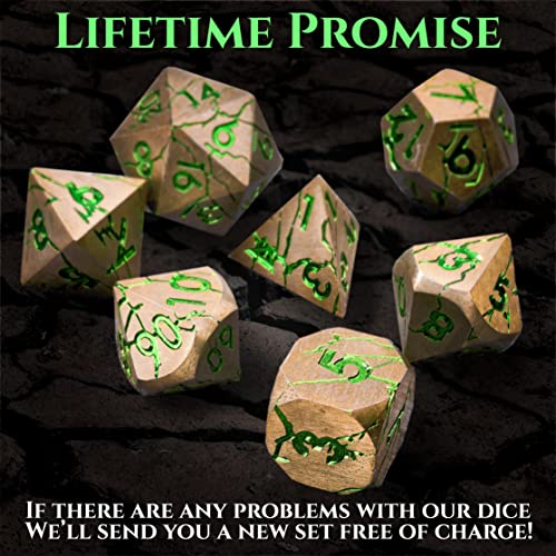 Metal Dice for DND - Ancient Cracked Pharaoh Ruins - Gold Green Cracks | Beautiful 7pc Polyhedral Dice Set, Smooth Rolling, Role Playing Games (RPG), Compatible with D&D, for Dungeons and Dragons - color: Gold and Green Cracks