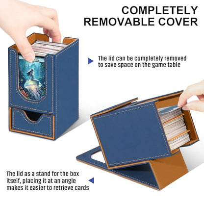 Card Deck Box for MTG Commander, Fits 100+ Double-Sleeved Cards Card Case | with Detachable Dice Tray, 2 Dividers, Removable lid, Trading Card Storage Box, Sturdy and Durable, Fits TCG/PTCG/Sports Card - color: Gray Blue and Brown
