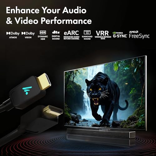LED HDMI Wozoyo Cable V2.1 with Ethernet, 8k@60Hz, 4K@120Hz UHD Resolution, 16.5 Feet, 48 Gbps transfer Ultra high Speed, HDR/HDR10/Dolby Vision,Dolby Atmos and DTS:X, Compatible with all HDMI Devices - color: Black, size: 16.5 Feet