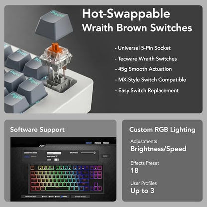 TECWARE Phantom+ Elite 87 Key RGB Mechanical Gaming Keyboard | 3-Mode Wireless Bluetooth 5.0, 2.4GHz & USB-C Wired | Hot-Swappable 5-Pin | Double-Shot PBT Keycaps | Wraith Brown Switch - White - color: Brown Switch, size: Phantom+ Elite 87 | White