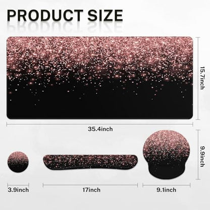 Britimes Rose Gold Pink Keyboard Mouse Pad Set Black Golden 4in1 Large Mousepad+Keyboard Wrist Rest+Mouse Wrist Rest+Coaster Ergonomic Design for Home Office Computer 35.4x15.7 inches - color: Rose Gold Pink