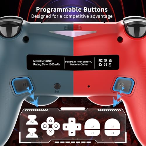 2 Pack Wireless Controller for PS4, Game Remote Controller Compatible with PS4/Slim/Pro/PC, Programmable, RGB Light, 1000mAh Battery, Dual Vibration, 6-Axis Gyro, Share, Touch Pad,Speaker&Audio Jack - color: Camo Red&Blue