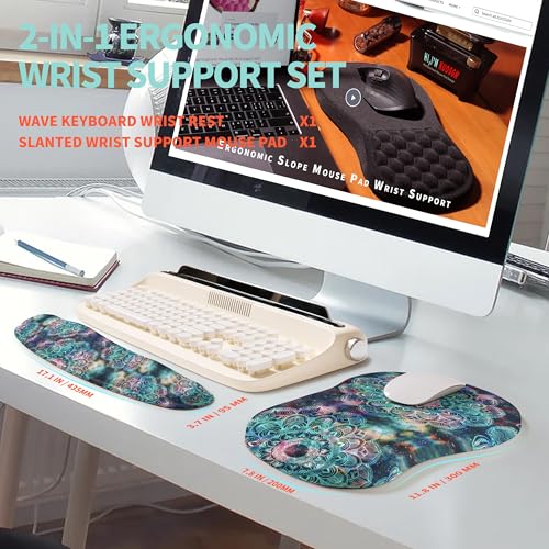 2-in-1 Ergonomic Set, Wave Rise Keyboard Wrist Rest and Massage Bulge Slope Mouse Pad Wrist Support, Cushion Memory Foam Integrated to Relieve Wrist Pain, Galaxy Mandala - color: Galaxy Mandala