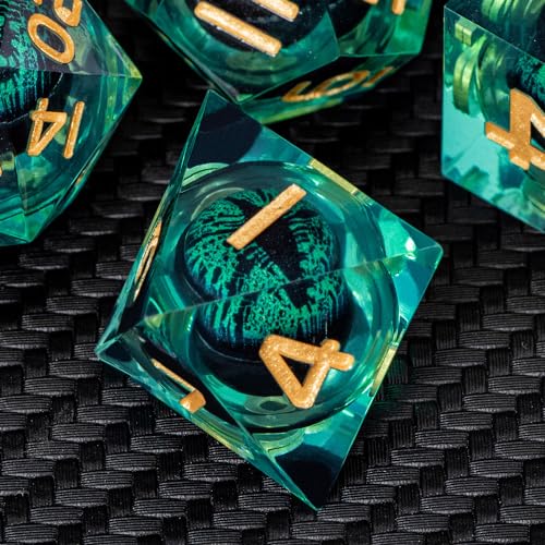 ARUOHHA Dragon Eye Dice Liquid Core DND Dice Green Sharp Edged Dice Set with Gift Box, Polyhedral D and D Dice Set Role Playing Game D20 D12 D10 D8 D6 D4 - color: Ly04-green