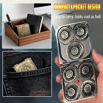 Metal DND Dice Set 7-in-1 D4-D20 3D Dragon Case Leather Bag Silver | 7 in 1 metal polyhedral dice. D4-D20 dnd spinner. 3D dragon case. Leather storage bag. Zinc alloy. DND RPG TTRPG gift. - color: Silver