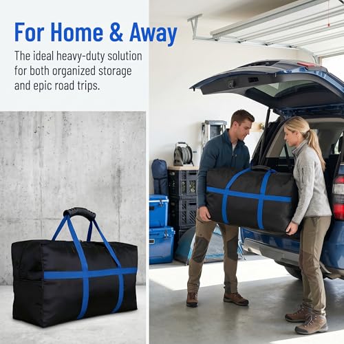 56 Inch Travel Duffel Bag, Heavy Duty 600D Foldable Large Capacity | 600D Water-Resistant Fabric, Reinforced Seams. Padded Handle & Blue Webbing. Folds Flat. For Camping, Gym, Sports & Travel. - size: 56"(L)*15"(W)*27"(H)