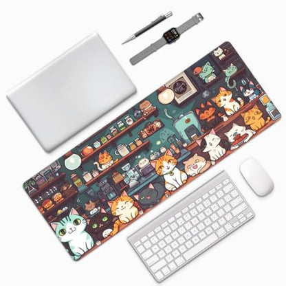 Gaming Mouse Pad Desk Pad,Extended Big Mouse Pad,31.5x11.8 Inch Long Computer Keyboard Mouse Mat Mousepad with 3mm Non-Slip Base and Stitched Edge for Gaming and Office… (cat) - color: Cat