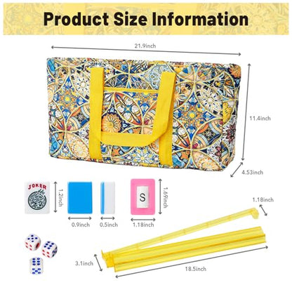 American Mahjong Tile Set with Yellow Printed Carrying Bag, 166 Blue Tiles, 4 All-in-One Color Racks/Pushers, Mah Jongg Sets, Mahjong Game Set for Travel, Christmas, Birthday Gifts - color: Yellow（blue Tiles）