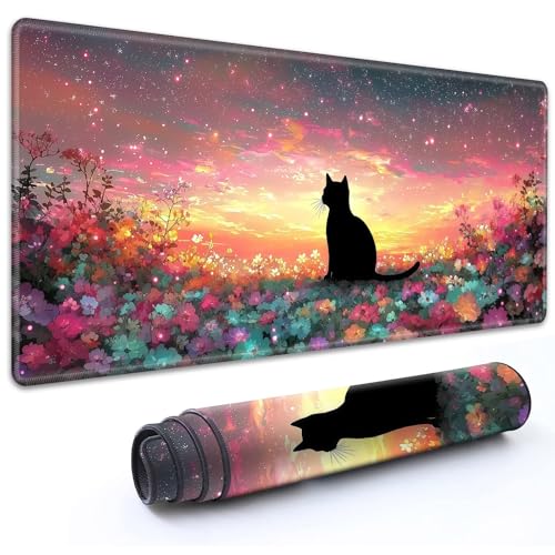 for MTG Playmat 24" x 14" with High Elastic Rubber Base Non-Slip Rubber Sole HD Printing for TCG Mat Magic Playmats MTG Game Mat, Cat Colorful Starry Sky Flowers - color: Cat Colorful Starry Sky Flowers, size: 24" x 14"