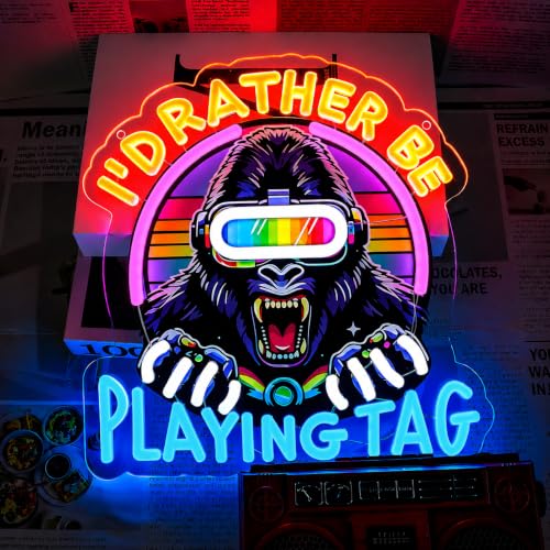 I'd Rather Be Playing Tag Neon Sign Gorilla LED Neon Light for Wall Art Decor, Dimmable Monkey Light Sign for Bedroom Game Room Man Cave Bar USB Powered Neon Sign for Teen Boys - color: Colorful,Daxinxin