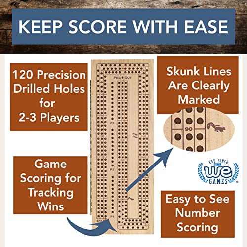WE Games 3 Player Wooden Cribbage Set - Easy Grip Pegs and 2 Decks of Cards Inside of Board - Natural Wood - color: Natural