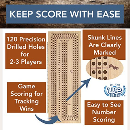 WE Games 3 Player Wooden Cribbage Set - Easy Grip Pegs and 2 Decks of Cards Inside of Board - Natural Wood - color: Natural