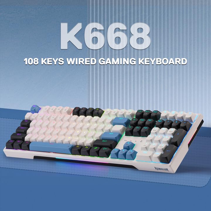 Redragon K668 Wired Gasket RGB Gaming Keyboard, 108 Keys Mechanical Keyboard w/Extra 4 Hotkeys, Upgraded Hot-swappable Socket, Sound Absorbing Foam, Mixed Color Keycaps, Custom Linear Switch - color: Glacier Azure