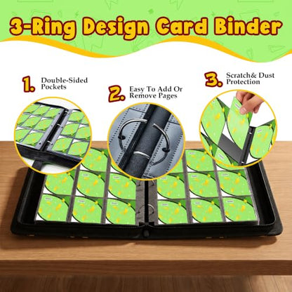 Card Binder for Pokemon Cards, 9 Pocket Trading Card Binder Holds 900 Cards with 50 Removable Sleeves, 3 Ring Zipper Card Holder Album Book Case for TCG, MTG, Sports Cards Collection, Boys Girls - color: Green