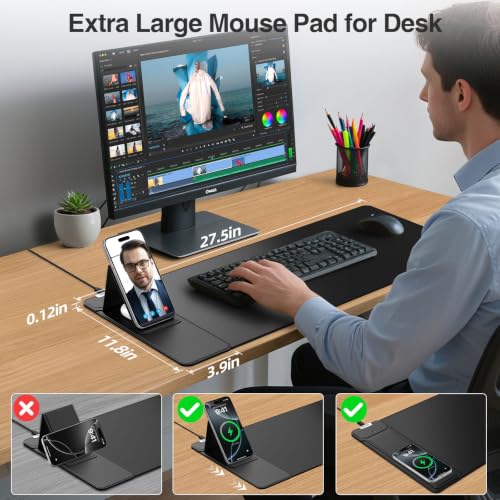 Mouse Pad with Wireless Charging & Foldable Phone Holder, 27.5"x11.8" Black | Desk Protector with Stitched Edges, Non-Slip Base, Laptop Desk Mat, Waterproof Writing Pad for Office & Home - color: Black-Phone Holder-27.5"x11.8"