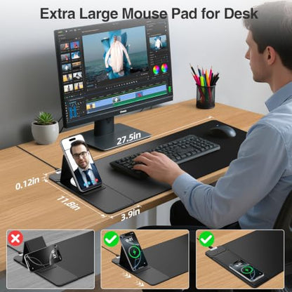 Mouse Pad with Wireless Charging & Foldable Phone Holder, 27.5"x11.8" Black | Desk Protector with Stitched Edges, Non-Slip Base, Laptop Desk Mat, Waterproof Writing Pad for Office & Home - color: Black-Phone Holder-27.5"x11.8"