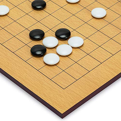 Yellow Mountain Imports Beechwood Veneer (0.4-Inch) Etched Beginner's Reversible 9x9/13x13 Go Game Set Board with Double Convex Melamine Stones - Classic Strategy Board Game (Baduk/Weiqi)