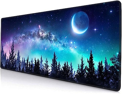Gaming Large Mouse Pad with Stitched Edges, Galaxy Desk Mat, Extended Keyboard Pad, Non-Slip Rubber Base Desk Pad for Keyboard and Mouse, 31.5X11.8 inch, Moon Starry Sky - color: 16 Moon Starry Sky