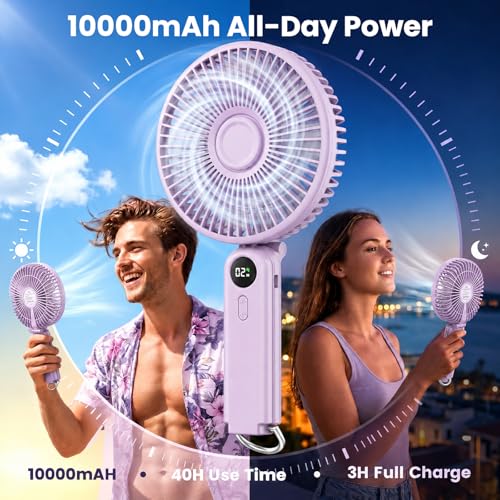 Portable Handheld Fan, 10000mAh Rechargeable 6-Inch Personal Fan for Travel | Ultra Quiet Foldable Desk Fan, 5-Speed Battery Operated Fan with Up to 40H Runtime and Digital Display for Travel and Makeup - color: Purple