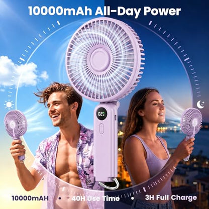 Portable Handheld Fan, 10000mAh Rechargeable 6-Inch Personal Fan for Travel | Ultra Quiet Foldable Desk Fan, 5-Speed Battery Operated Fan with Up to 40H Runtime and Digital Display for Travel and Makeup - color: Purple