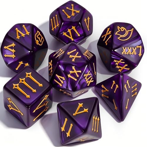 CiaraQ 7pcs Polyhedral Dice Set for Dungeon and Dragons MTG Table Games | Acrylic Role Playing Dice for D&D with Black Velvet Bag – Deep Purple with Gold Roman Numerals – Standard Size – Ages 14+ - color: Deep Purple Pearl With Gold Roman Numerals