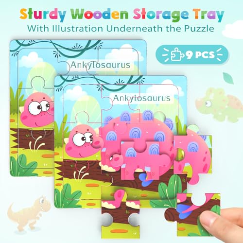 Zeoddler Wooden Puzzles for Toddlers, 8 Pack Dinosaur Jigsaw Puzzles for Kids3-5, 9 Pieces Preschool Learning Activities, Learning & Educational Puzzles, Gift for Boys, Girls - style: Dinosaur