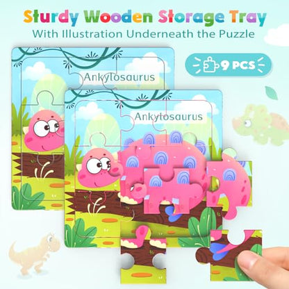Zeoddler Wooden Puzzles for Toddlers, 8 Pack Dinosaur Jigsaw Puzzles for Kids3-5, 9 Pieces Preschool Learning Activities, Learning & Educational Puzzles, Gift for Boys, Girls - style: Dinosaur